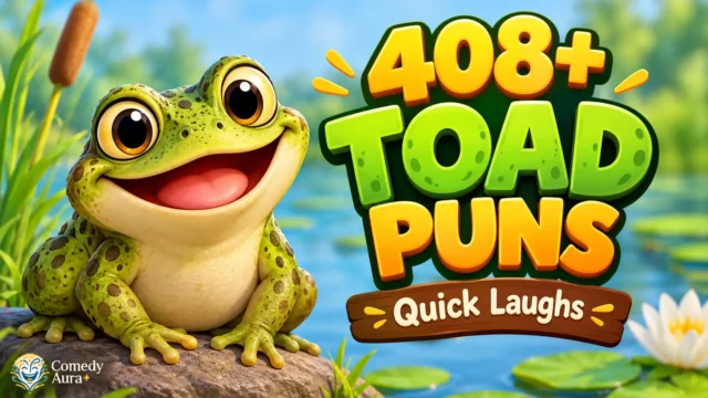 408+ toad puns thumbnail featuring a cute cartoon green toad beside bold colorful text and a Comedy Aura watermark.