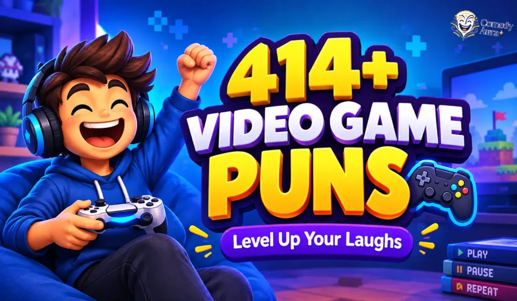 Video game puns thumbnail with a cheerful gamer, controller, and bold 414+ headline.