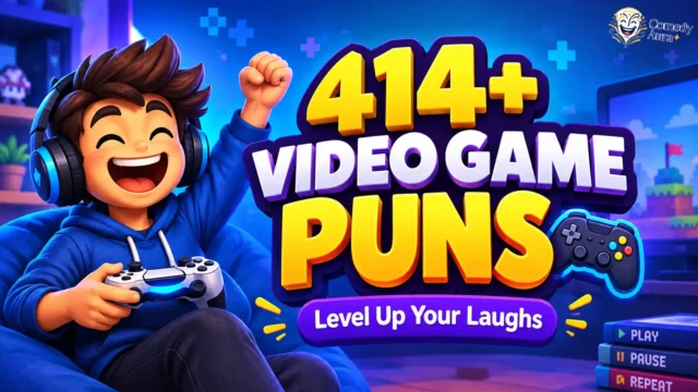 Video game puns thumbnail with a cheerful gamer, controller, and bold 414+ headline.
